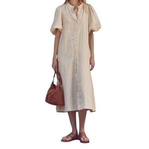 Lanhtropy Bubble Linen Button Down Puff Sleeve Midi Dress Womens Small Beige